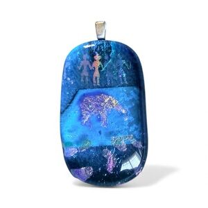 Blue Dichroic Glass Pendant w/Elephant & People Scene